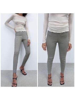 Zara Checkered Gingham Print Midi Rise Ankle Cropped Length Legging Pants